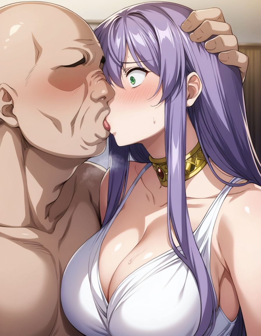 ai_generated athena_(saint_seiya) bald_man blush clothing dark-skinned_male dress dryticket_ai fat_man forced_kiss french_kiss green_eyes hi_res huge_breasts kissing long_hair older_male purple_hair saint_seiya:_the_lost_canvas sasha_(saint_seiya) sweat sweatdrop tongue_kiss ugly_bastard ugly_man uncomfortable younger_female