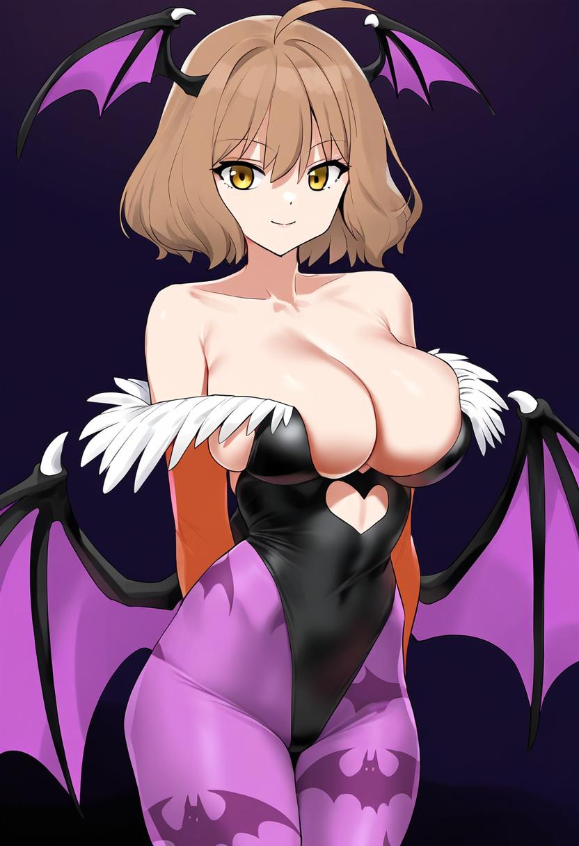 ai_generated anis_(nikke) breasts brown_eyes brown_hair capcom cleavage cosplay covered_navel darkstalkers female goddess_of_victory:_nikke huge_breasts large_breasts morrigan_aensland_(cosplay) short_hair skimpy_clothes skin_tight smile solo tagme wings