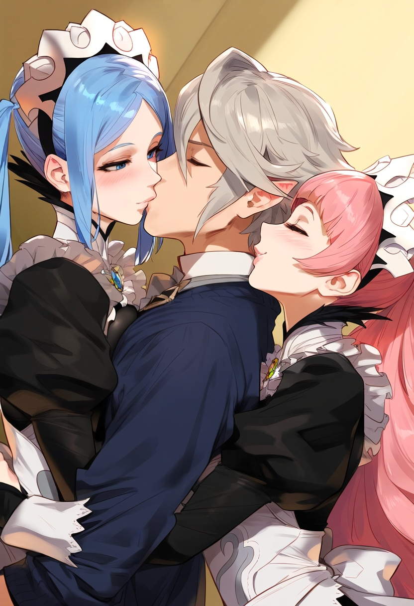 ai_generated blonde_hair blue_hair clothed corrin_(fire_emblem) corrin_(fire_emblem)_(male) felicia_(fire_emblem) ffm_threesome fire_emblem fire_emblem_fates flora_(fire_emblem) kissing maid maid_headdress mrteardrop nintendo pink_hair pointy_ears ponytail threesome twintails