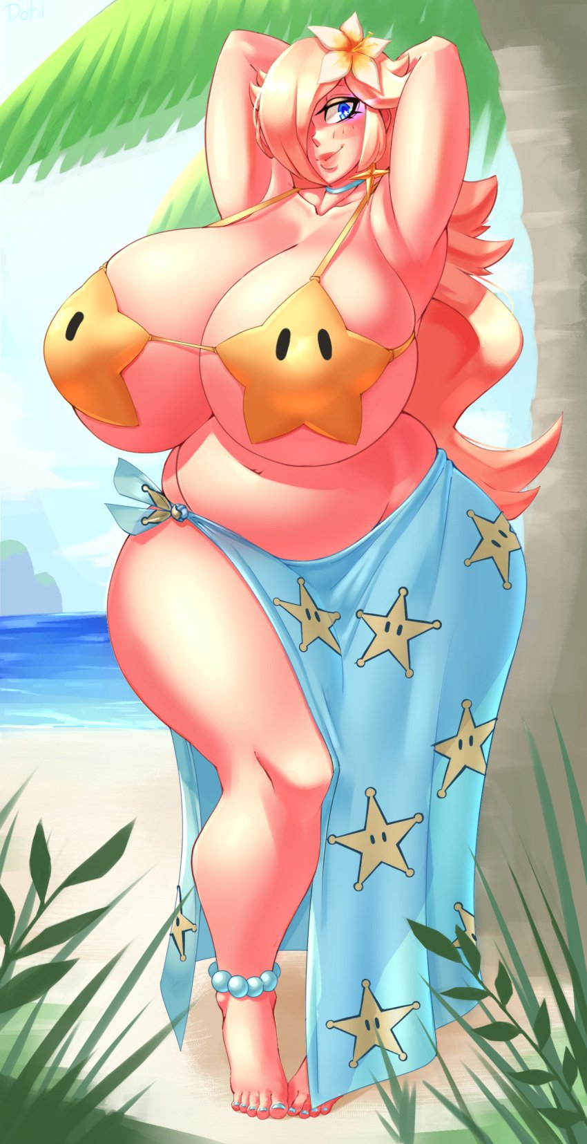 1girls, alternate version available, anklet, aqua nails, armpits, arms behind head, arms up, barefoot, bbw, beach, belly, big breasts, big thighs, bikini, bikini skirt, blue eyes, blush, breasts, chubby, chubby female, collar, curvy, dotil, fat, female, female only, flower, flower in hair, gigantic breasts, half-closed eyes, hands behind head, highres, huge breasts, huge thighs, human, human only, large breasts, large thighs, light skin, light-skinned female, lips, long hair, luma bikini, mario (series), mario kart, mario kart tour, nail polish, nintendo, nipple bulge, ocean, overweight, pale skin, pale-skinned female, palm tree, platinum blonde hair, princess rosalina, princess rosalina (swimwear), slightly chubby, smile, solo, solo female, star bikini, thick, thick thighs, thighs, towel, venus body, voluptuous, wide hips