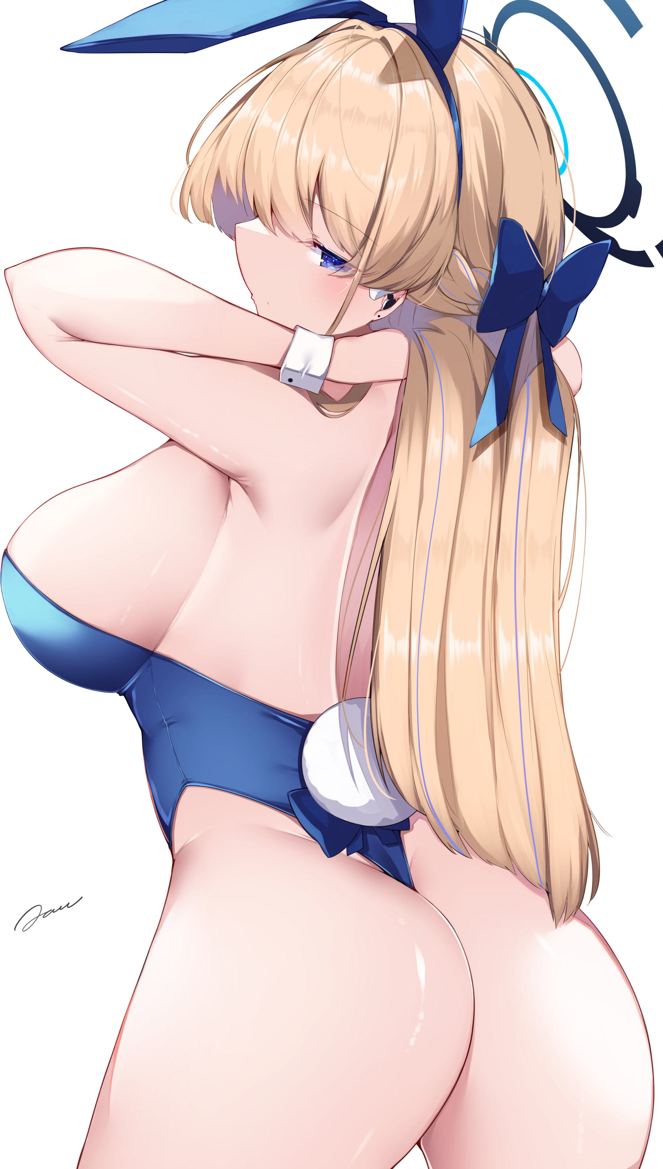 adjusting hair, alternate breast size, arms behind head, ass, ass focus, big ass, big breasts, blue archive, breasts, female, from behind, large ass, large breasts, looking back, seductive, signature, toki (blue archive), toki (bunny) (blue archive)