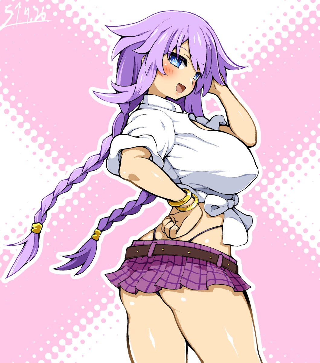 1girls arm_behind_head ass big_ass big_breasts blue_eyes braid breasts busty covered_nipples fat_ass female female_only hand_on_own_hip highres large_breasts legs looking_at_viewer looking_back midriff model_pose neptunia_(series) open_mouth pose posing purple_hair purple_heart_(neptunia) school_uniform sensual shirt sideboob smile solo thighs thong tied_shirt twin_braids whale_tail