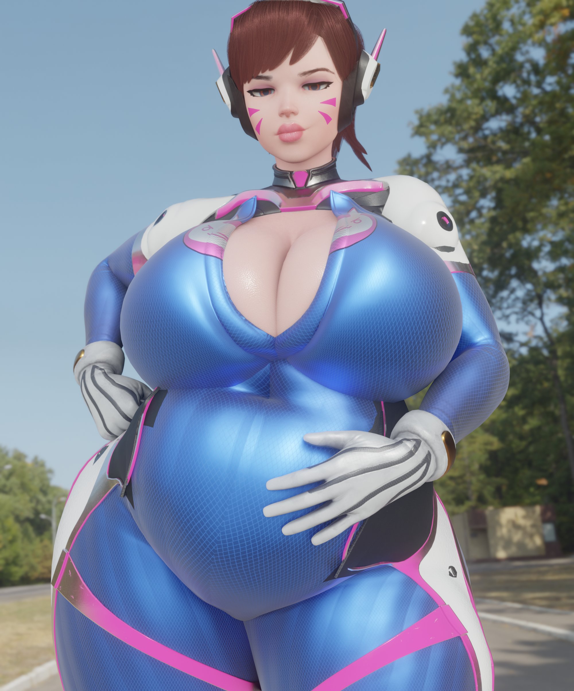 1girls, 3d, alienwrench, bbw, belly, big belly, big breasts, breasts, brown hair, chubby, chubby female, cleavage, d.va, female, female only, gigantic breasts, overwatch, pregnant, scrag boy (model), scrag d.va, solo, thick thighs, wide hips