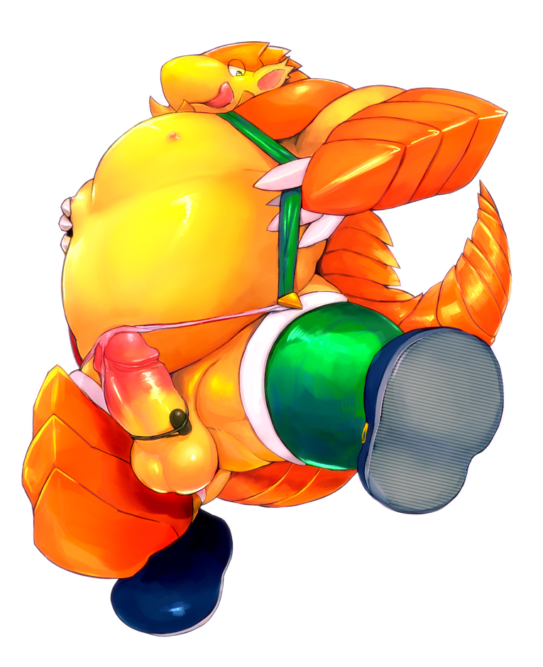 2014 anthro armor balls belly boots claws clothing erect_nipples erection footwear half-closed_eyes humanoid_penis iceman1984 kemono klonoa_(series) legwear licking licking_lips looking_at_viewer male male_only mammal moobs nipples on_one_leg orange_skin overweight pango pangolin penis plain_background retracted_foreskin sex_toy shoes solo standing stockings suspenders thick_penis thong tongue tongue_out uncut vibrator white_background yellow_eyes yellow_skin