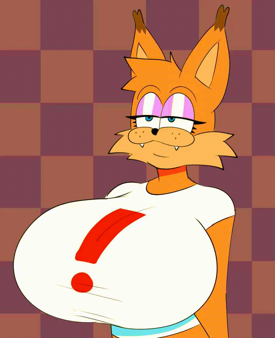 animated artist_name blue_eyes bouncing_breasts breasts bubsy bubsy_(series) fangs female furry genderbent huge_breasts rule_63 shirt smug tagme theycallhimcake twitter_link