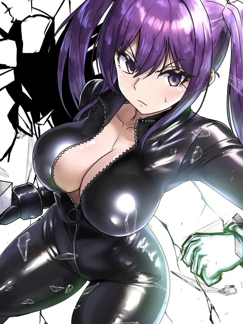 big_breasts black_bodysuit black_gloves blush bodysuit breasts cleavage closed_mouth collarbone ebora glass_shards glass_shatter gloves kouzaku_mitori long_hair open_clothes partially_unzipped purple_eyes purple_hair serious shiny_clothes sweatdrop thighs to_aru_kagaku_no_railgun to_aru_majutsu_no_index twintails youngmanisdown zipper_pull_tab