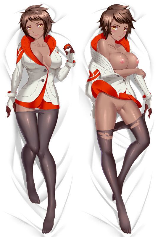 1girls bed big_breasts blush breasts brown_hair candela_(pokemon) candela_(pokemon_go) cleavage clothed clothes dakimakura dark-skinned_female dark_skin eyelashes feet female female_only gloves holding human jacket knees_together lipstick looking_at_viewer nintendo nipples on_back pantyhose poke_ball pokemon pokemon_go pussy see-through smile solo thick_thighs thigh_gap toes torn_clothes torn_pantyhose undressing wide_hips yellow_eyes