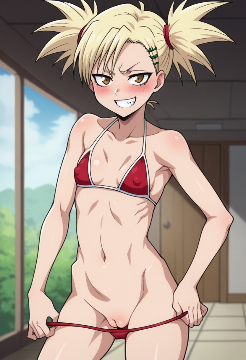 2024 ai_generated bikini bleach blush breasts carnivalecloudmuncher female flashing grin hiyori_sarugaki innie_pussy looking_at_viewer mostly_nude nipples pussy sarugaki_hiyori self_upload skimpy small_breasts smile solo standing tagme thong uncensored