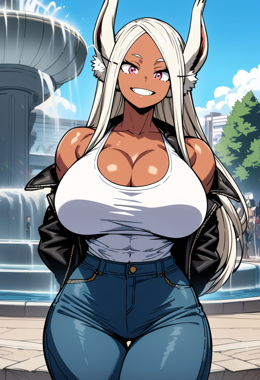 abs ai_generated animal_ears big_breasts boku_no_hero_academia breasts brown_body brown_skin cleavage collarbone dark-skinned_female dark_skin denim denim_bottomwear denim_clothing denim_jeans female female_focus female_only kemonogirls large_breasts mirko miruko muscle_girl muscle_mommy muscles muscular muscular_female my_hero_academia pink_eyes rumi_usagiyama shonen_jump thighs white_hair white_shirt