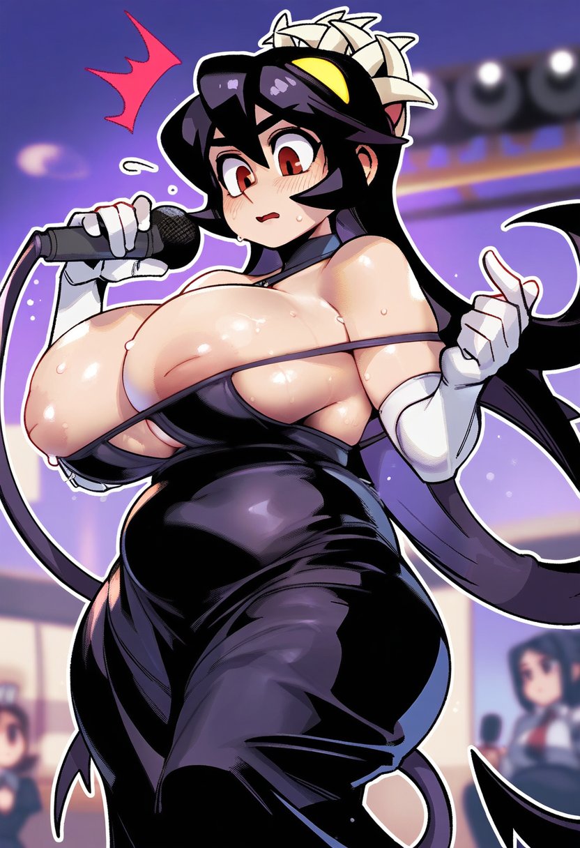 ai generated, blush lines, breasts, dress, embarrassed, female, filia (skullgirls), inverted nipples, large breasts, nipple slip, nipples, public, public humiliation, red eyes, samson (skullgirls), skullgirls, sweaty, wardrobe malfunction