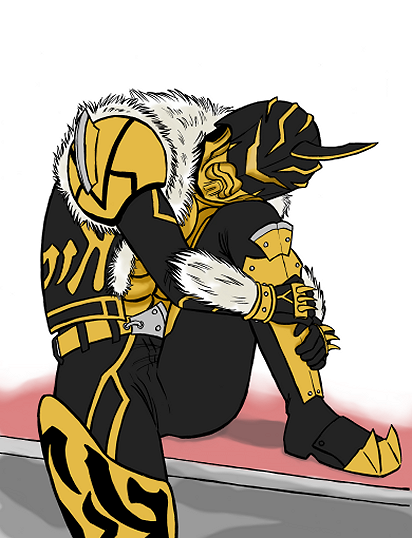 1_horn 1boy armor bear black_armor eyeless_face fur_clothing fur_coat gravure head_on_knee holding_leg hugging_leg imagin kamen_rider kamen_rider_den-o_(series) kintaros knee_up leg_on_table leg_up looking_at_viewer male_focus male_only on_table one_horn one_leg_up pinup pinup_pose posing sitting sitting_on_table solo spread_legs table vest yellow_armor yellow_eyes