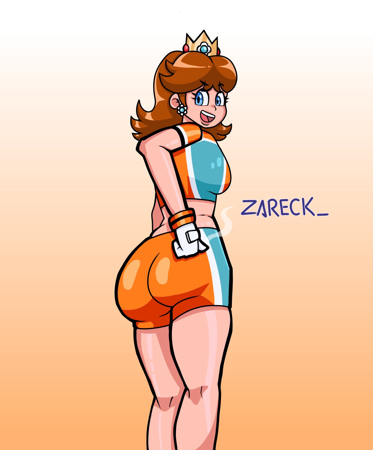 1girls artist_name ass big_ass blue_eyes breasts brown_hair daisy&#039;s_hot_stuff_(trend) fat_ass female female_only gloves hand_on_hip highres legs looking_at_viewer looking_back mario_(series) mario_strikers medium_breasts midriff nintendo open_mouth orange_shorts pose posing princess_daisy sensual short_hair shorts sideboob smile soccer soccer_uniform solo sportswear thighs