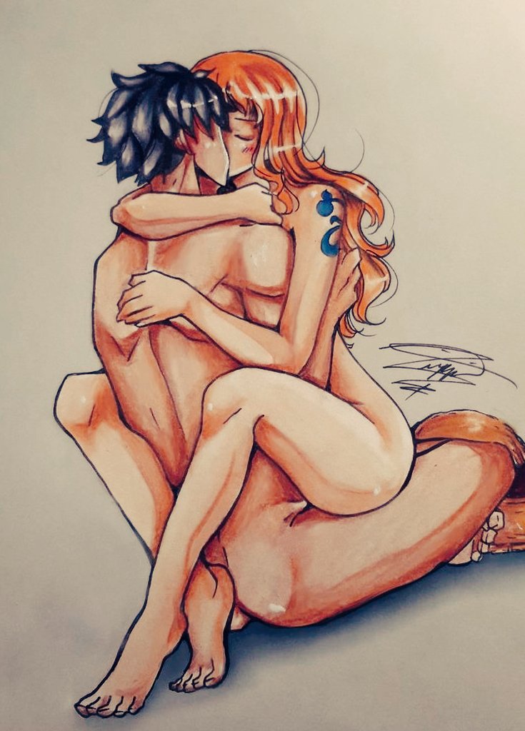 1boy, 1girls, 2d, arm tattoo, arms around neck, arms around partner, black hair, black-haired male, blue tattoo, blush, closed eyes, completely nude, couple, curvy, curvy female, embrace, faceless male, female, hug, hugging, implied penetration, implied sex, kissing, kissing while penetrated, leg lock, long hair, male, monkey d luffy, muscular, muscular male, nami (one piece), nude, one piece, orange hair, orange-haired female, romantic, sex, short hair, sitting, sitting on lap, sitting on person, straight, straw hat, tattoo, unseen male face, upright straddle, wholesome, zippi44