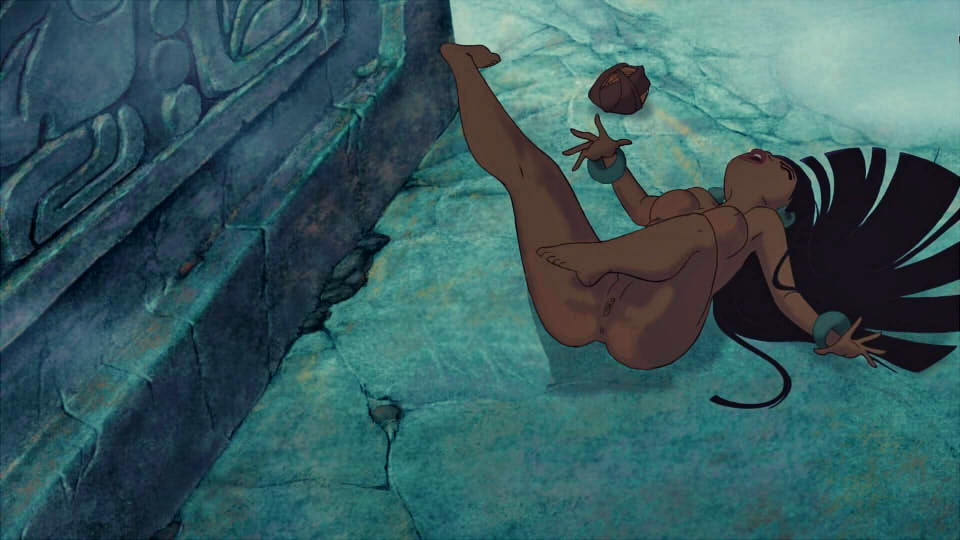 accurate art style, anus, bracelet, breasts, chel, dark skin, dark-skinned female, earrings, edit, falling, female, nude, nude female, pussy, screenshot, screenshot edit, the road to el dorado, very long hair, vylfgor