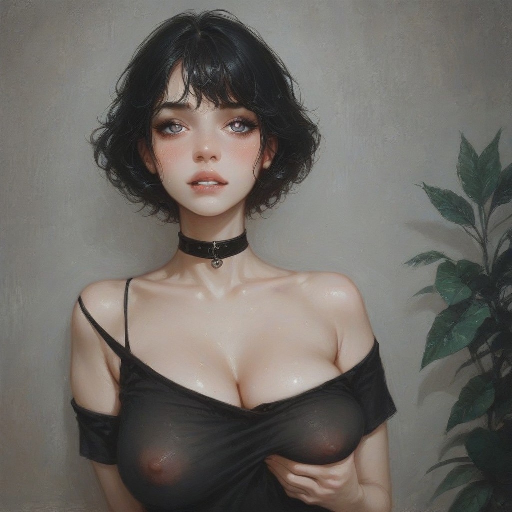 1girl ai_generated bare_shoulders big_breasts biting_lip black_clothing black_hair breast_grab choker cute_face female female_focus grey_eyes huge_breasts looking_at_viewer nipples_visible_through_clothing portrait self_fondle