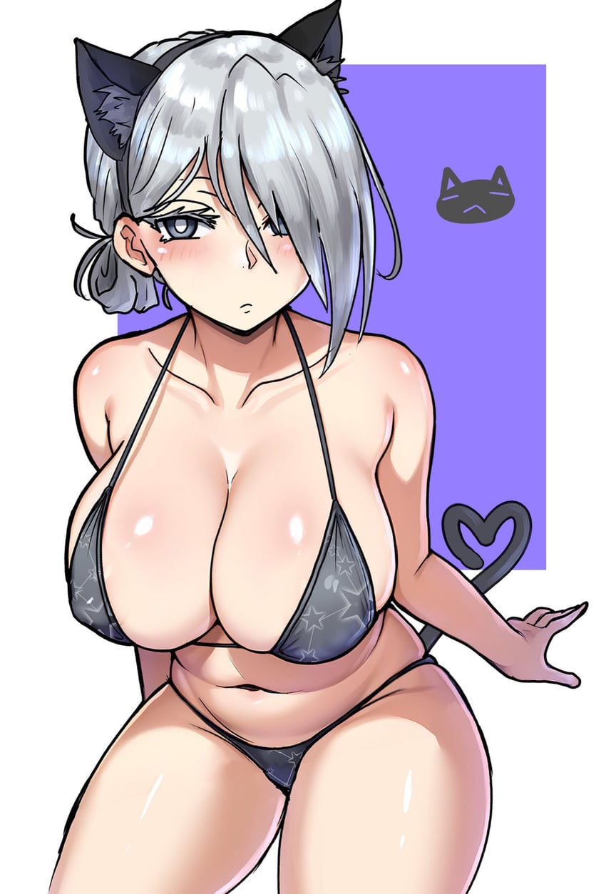 bare_arms bare_belly bare_legs bare_shoulders bare_thighs belly_button big_breasts bikini black_bikini blush body_blush breasts cat_ears cat_tail cleavage closed_mouth collarbone ebora fake_animal_ears female grey_eyes grey_hair hair_over_one_eye heart_tail mina_mathers shiny_skin short_hair sideboob swimsuit thighs tied_hair to_aru_majutsu_no_index to_aru_majutsu_no_index:_new_testament youngmanisdown