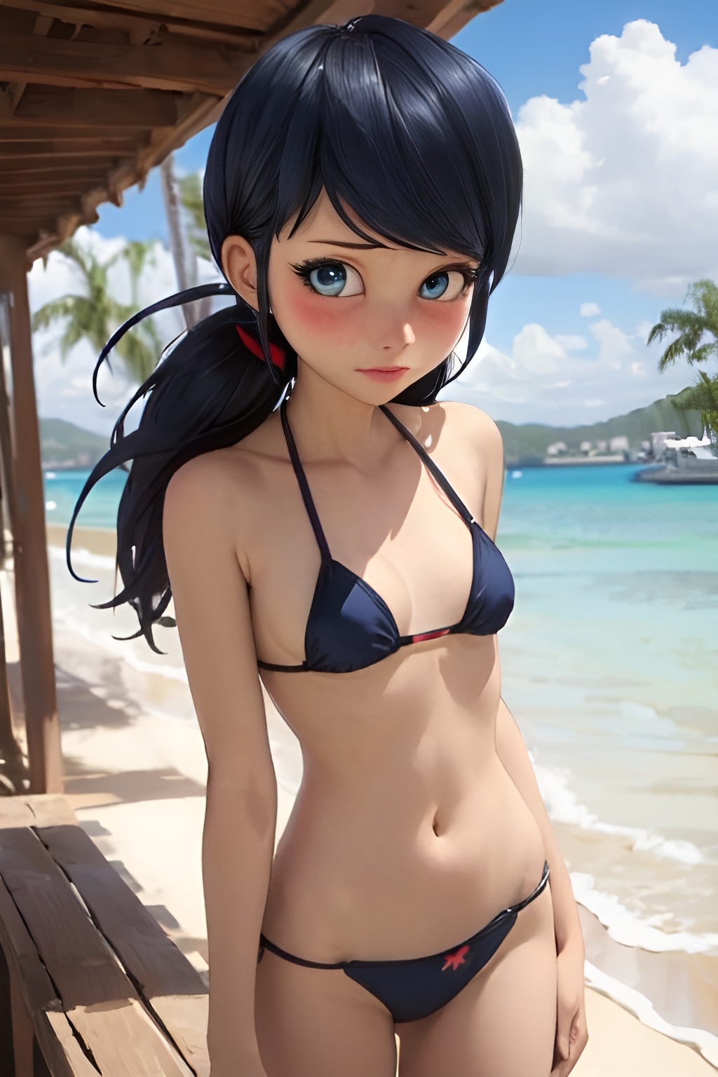 1girls, ai generated, beach, black bikini, black hair, female, female only, marinette cheng, marinette dupain-cheng, miraculous ladybug, shy, tagme