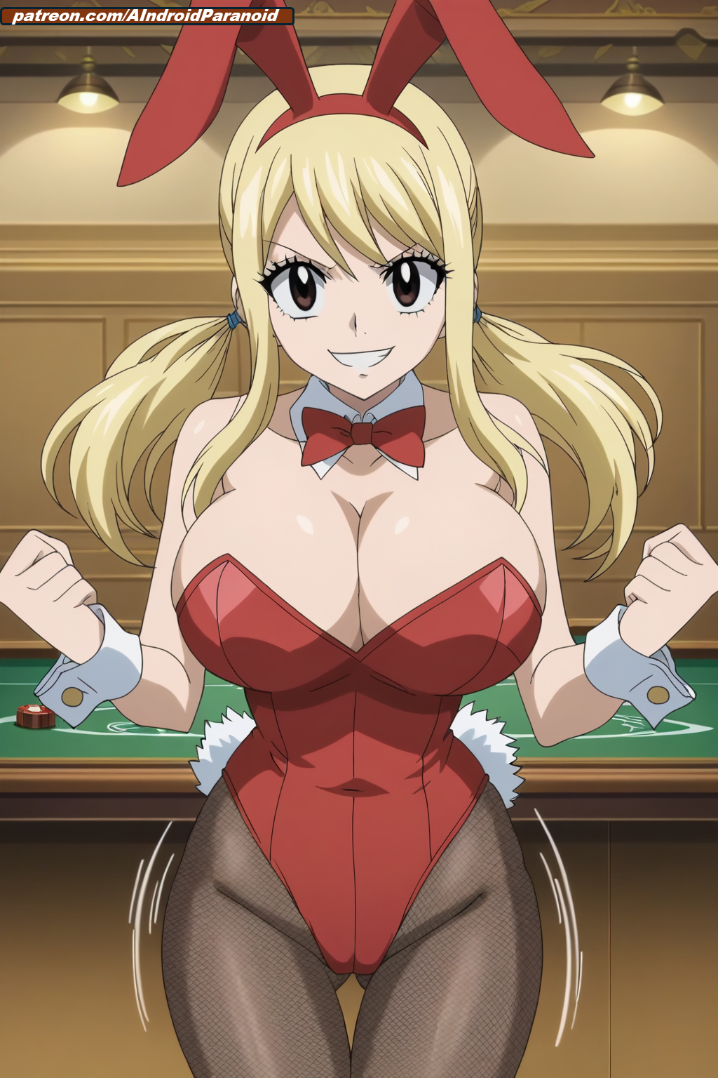 ai_generated aindroidparanoid ass ass_focus big_breasts big_butt blonde_hair bouncing_ass bouncing_breasts breasts bunny_costume bunny_ears bunny_girl bunny_tail bunnysuit casino fairy_tail fishnet_legwear fishnets flashing_breasts huge_ass huge_breasts indoors jumping leotard lucy_heartfilia nipples one_eye_closed pantyhose stable_diffusion tits_out topless twintails undressing