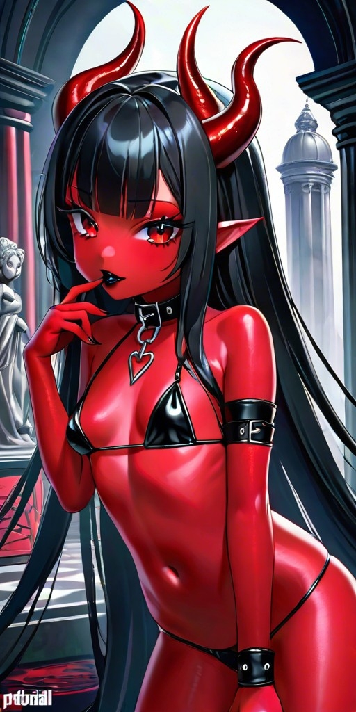 ai_generated armband armwear bangs bare_shoulders belly belly_button black_hair black_lips black_nail_polish black_nails cleavage collar commentary_request cute demon demon_girl demon_horns finger_on_lip finger_to_mouth flat_chest flat_chested leather leather_clothing long_hair looking_at_viewer micro_bikini nail_polish narrow_waist oc original original_character petite pointy_ears red_body red_eyes red_skin self_upload skimpy skimpy_bikini skimpy_clothes slim small_breasts statue stockings tagme tiny_breasts wristband