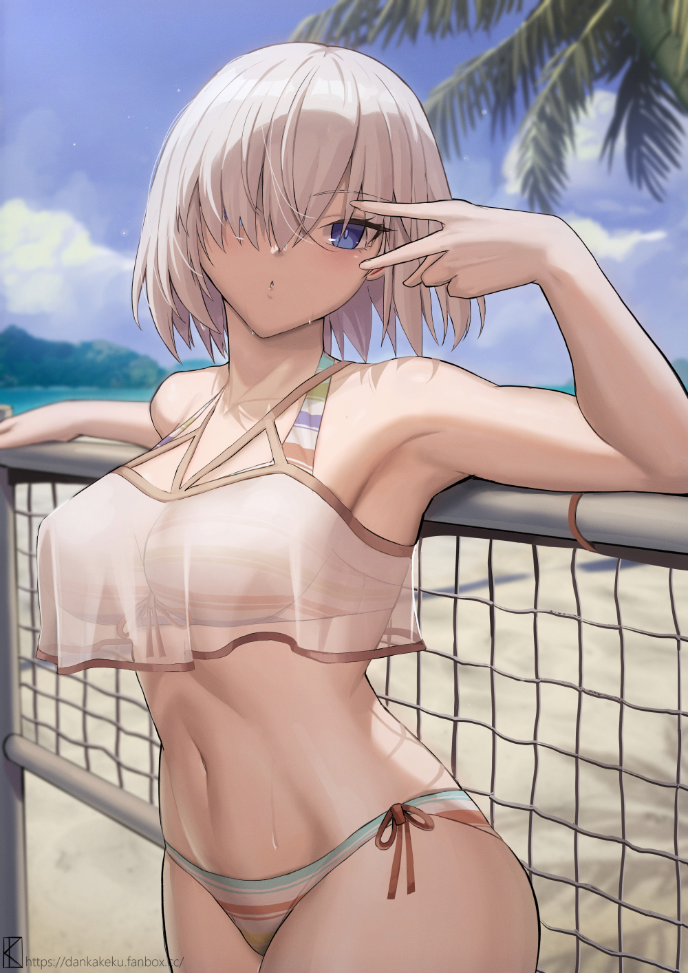 beach big_breasts breasts hair_over_one_eye kakeku mash_kyrielight mashu net palm_tree pink_hair purple_eyes purple_hair shielder_(fate) shielder_(fate/grand_order) sport swimsuit_of_perpetual_summer_ver.02 tagme