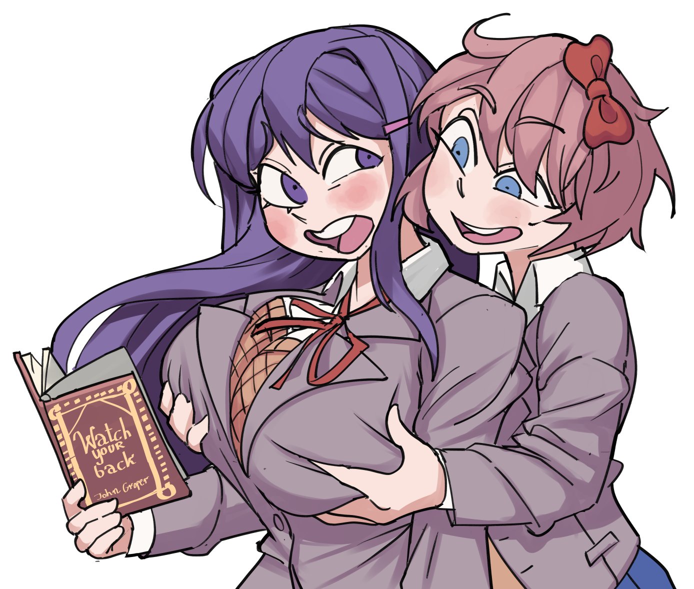 2girls, big breasts, breasts, clothing, dairenke art, doki doki literature club, female, female only, female/female, human, human only, light skin, light-skinned female, long hair, purple eyes, purple hair, sayori (doki doki literature club), tagme, yuri, yuri (doki doki literature club)