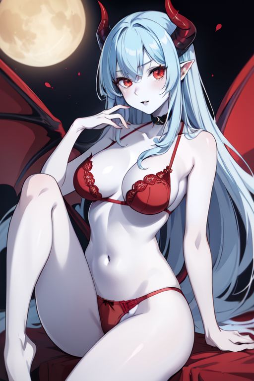 1girls ai_generated bed belly_button blanket blue_hair bra demon demon_girl demon_horns demon_humanoid demon_wings elith_(unknownspy) female female_only horns long_hair looking_at_viewer moon moonlight navel night panties partially_visible_vulva red_blanket red_bra red_horns red_panties red_wings sitting sitting_on_bed solo solo_female tagme unknownspy visible_pussy white_body white_skin