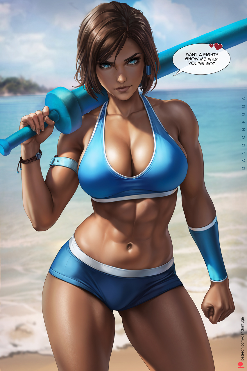 1girls abs ai_generated alternate_ass_size alternate_breast_size ass avatar_legends big_ass big_breasts bikini blue_bra blue_clothing blue_eyes blue_panties blue_sports_bra bob_cut breasts cleavage dandon_fuga dark-skinned_female dark_skin deviantart_link ebony english english_text female holding_object korra looking_at_viewer nickelodeon patreon patreon_logo patreon_url patreon_username short_hair speech_bubble talking_to_viewer the_avatar the_legend_of_korra thick_thighs twitter_link water_tribe