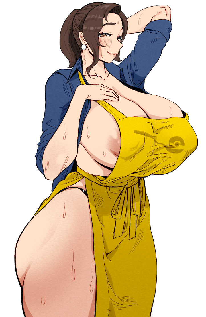 1girls alternate_breast_size alternate_version_available apron areola_slip areolae big_breasts blush breasts brown_eyes brown_hair cleavage ear_piercing earrings efto_(pixiv) female female_only game_freak hair hand_behind_head huge_breasts large_breasts lips mature mature_female mature_woman milf mother mother_(pokemon_sv) open_shirt pokemon pokemon_sv shirt smile solo solo_female sweat sweatdrop tagme thighs