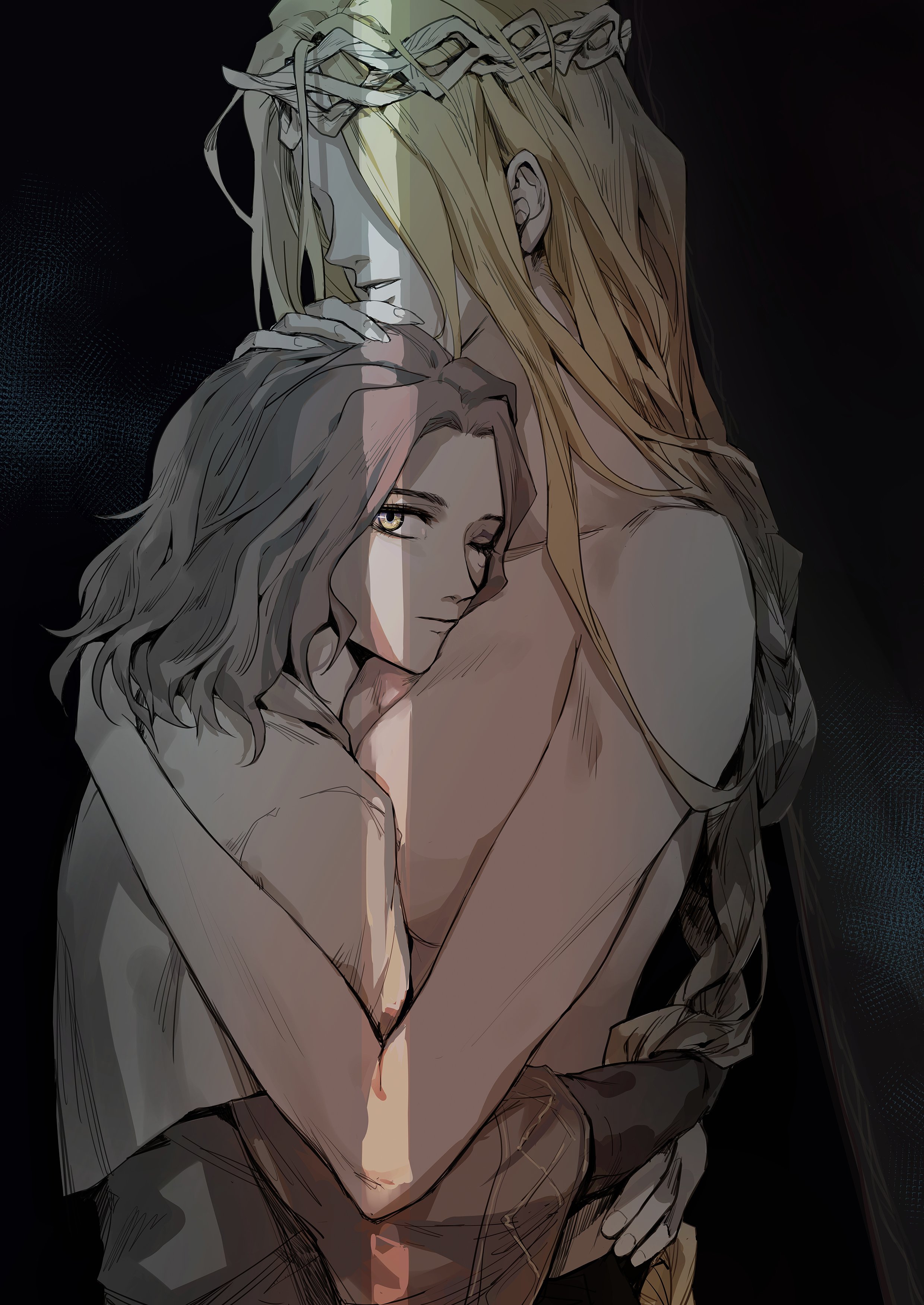 2girls, areolae, breast press, breasts, clothed female nude female, easyyps, elden ring, female, female only, fromsoftware, head on breasts, hugging, melina (elden ring), mother and daughter, nude, nude female, queen marika the eternal, shadow of the erdtree, sideboob, wholesome, yuri