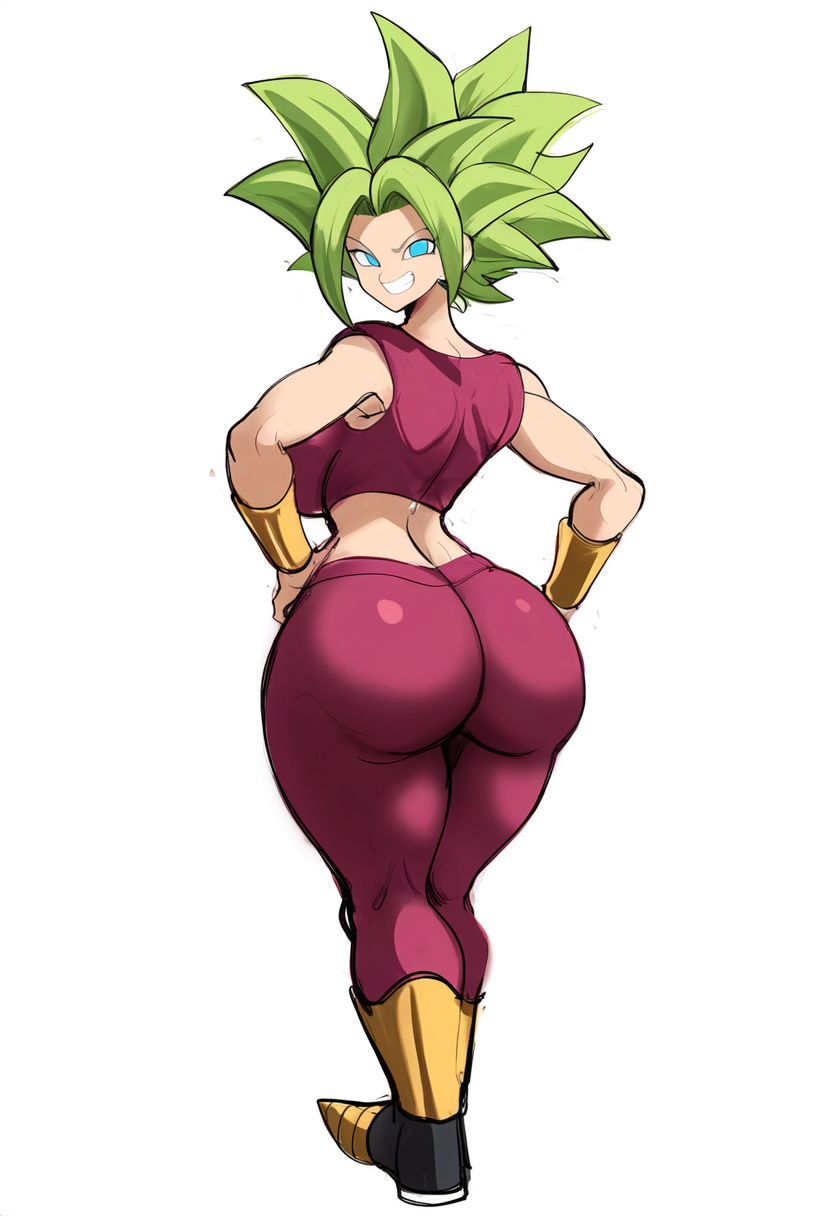 ai_generated ass big_ass big_breasts caulifla dragon_ball dragon_ball_super female female_focus full_body fusion fusion_character grin kale kefla mullon novelai redesign simple_background solo