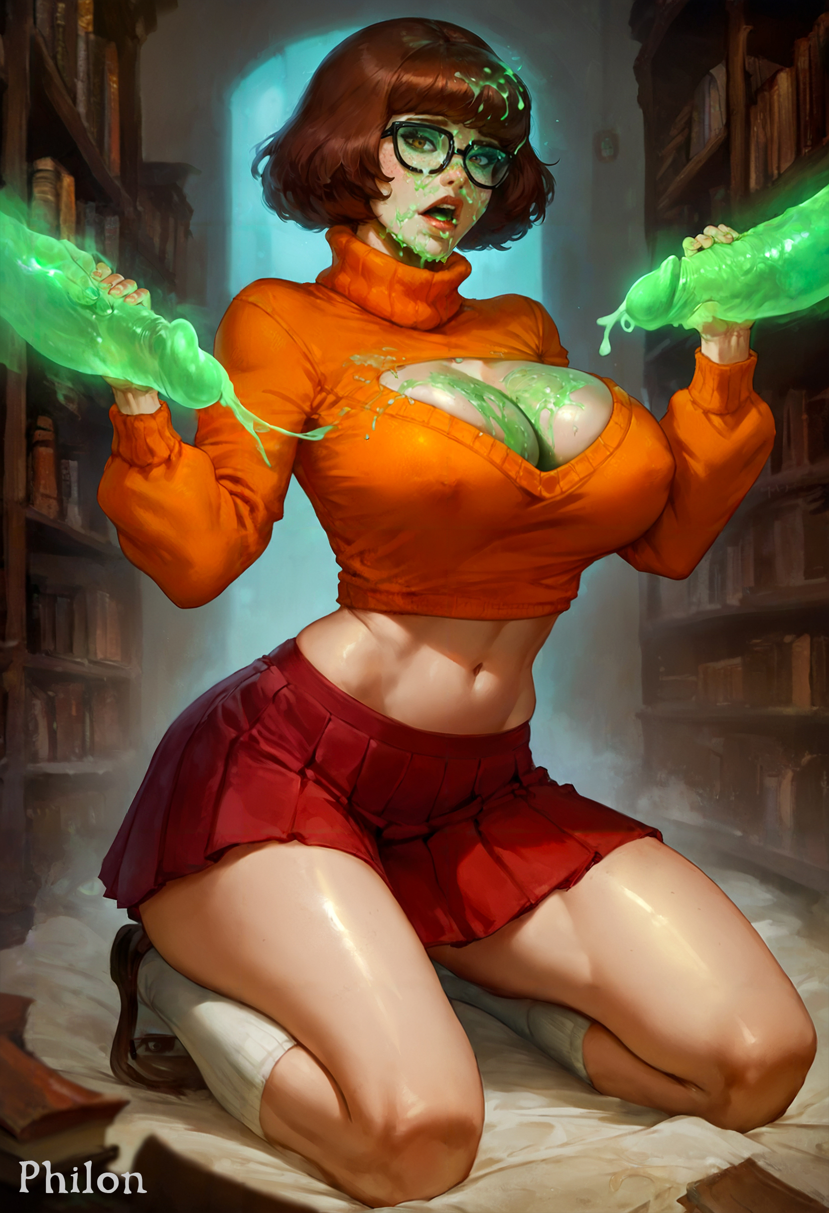 1girls, 2boys, ai generated, book, bookshelf, breasts, brown hair, cleavage, cleavage cutout, clothing cutout, colored skin, covered nipples, crop top, cum, cum on body, cum on breasts, disembodied penis, double handjob, erection, facial, female, freckles, glasses, green cum, green eyes, green skin, group sex, handjob, indoors, kneehighs, kneeling, large breasts, large penis, library, lips, makeup, male, messy, midriff, miniskirt, mmf threesome, multiple boys, multiple males, multiple penises, navel, nose, orange shirt, orange sweater, penis, penis grab, philon, pleated skirt, red skirt, round eyewear, scooby-doo, shoes, short hair, skirt, socks, stable diffusion, stomach, sweater, thick thighs, thighs, threesome, turtleneck, turtleneck sweater, veins, veiny penis, velma dinkley