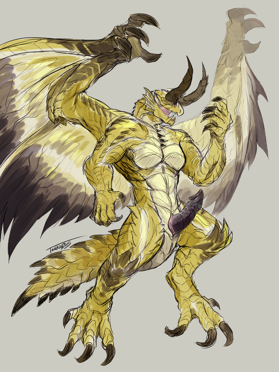 1boy 2015 animal_genitalia anthro barbs black_penis black_scales capcom claws dragon edit elder_dragon erection furikake genital_slit grey_background horn male male_focus male_only monster_hunter muscles muscular muscular_male nude open_mouth orange_eyes penis plain_background pose scalie shagaru_magala slit solo solo_focus teeth toe_claws video_games white_scales wings yellow_scales