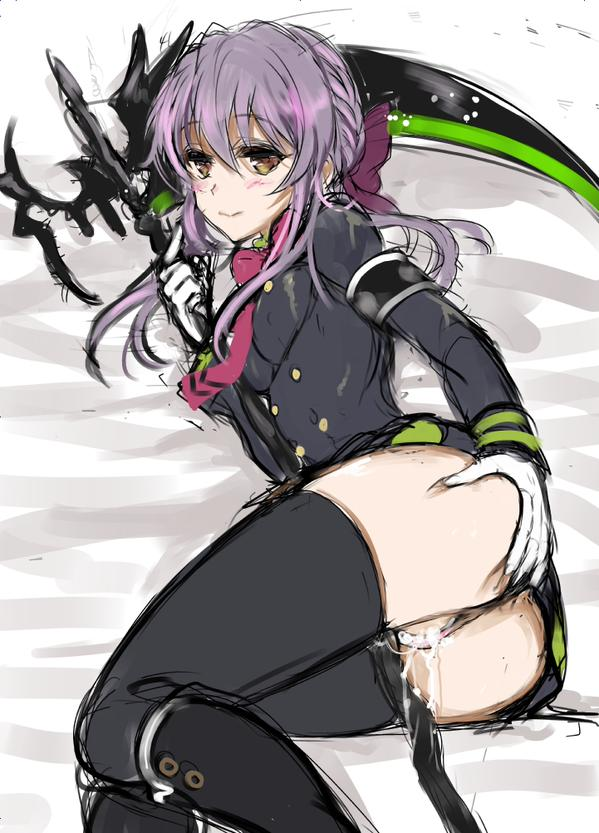 after_sex bow brown_eyes cum cum_in_pussy cum_inside female gloves hairbow hiiragi_shinoa lying military military_uniform on_side owari_no_seraph purple_hair pussy scythe smile solo tachibanaei thighhighs uniform white_gloves zettai_ryouiki