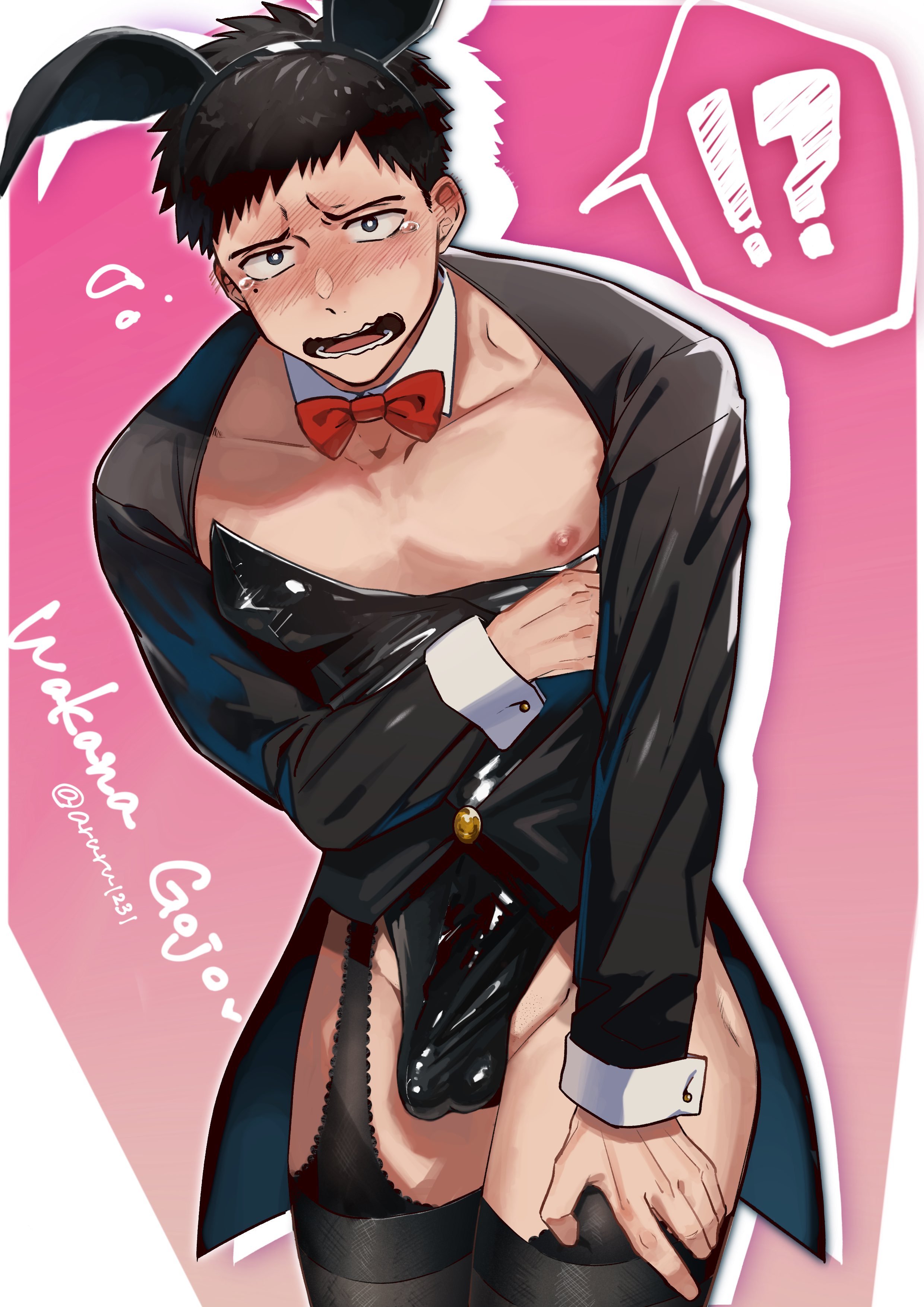 1boy, arurun1231, blush, bowtie, bulge, bunny ears, bunnysuit, cuffs (clothing), embarrassed, garter straps, gay, gojou wakana, latex, male, male only, muscular, open mouth, penis, penis outline, point collar, solo, solo male, sono bisque doll wa koi wo suru, yaoi