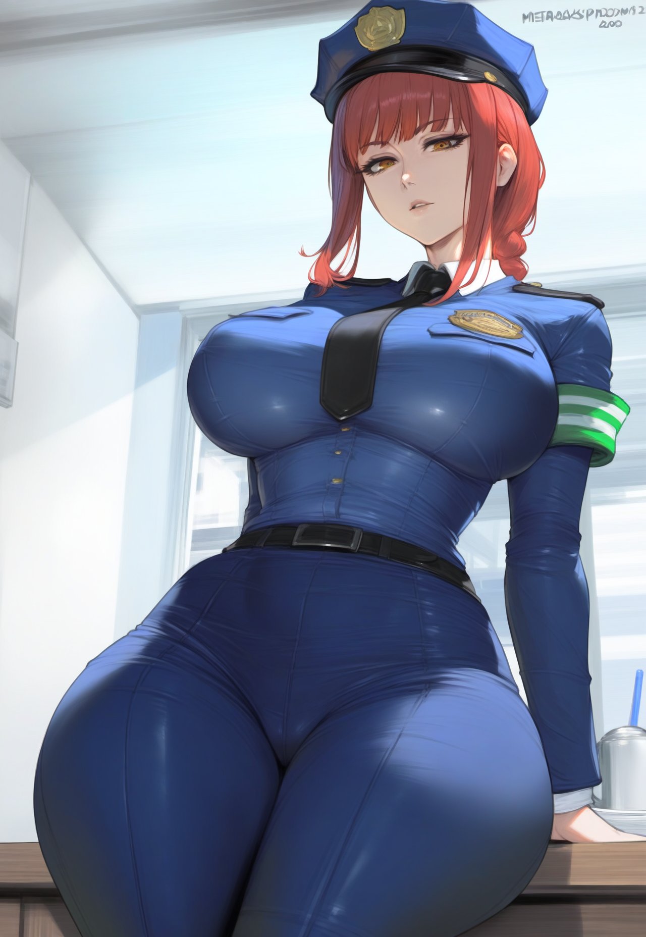ai generated, alternate costume, belt, breasts, chainsaw man, female, hydrolis999, jeans, large breasts, makima (chainsaw man), police hat, police uniform, red hair