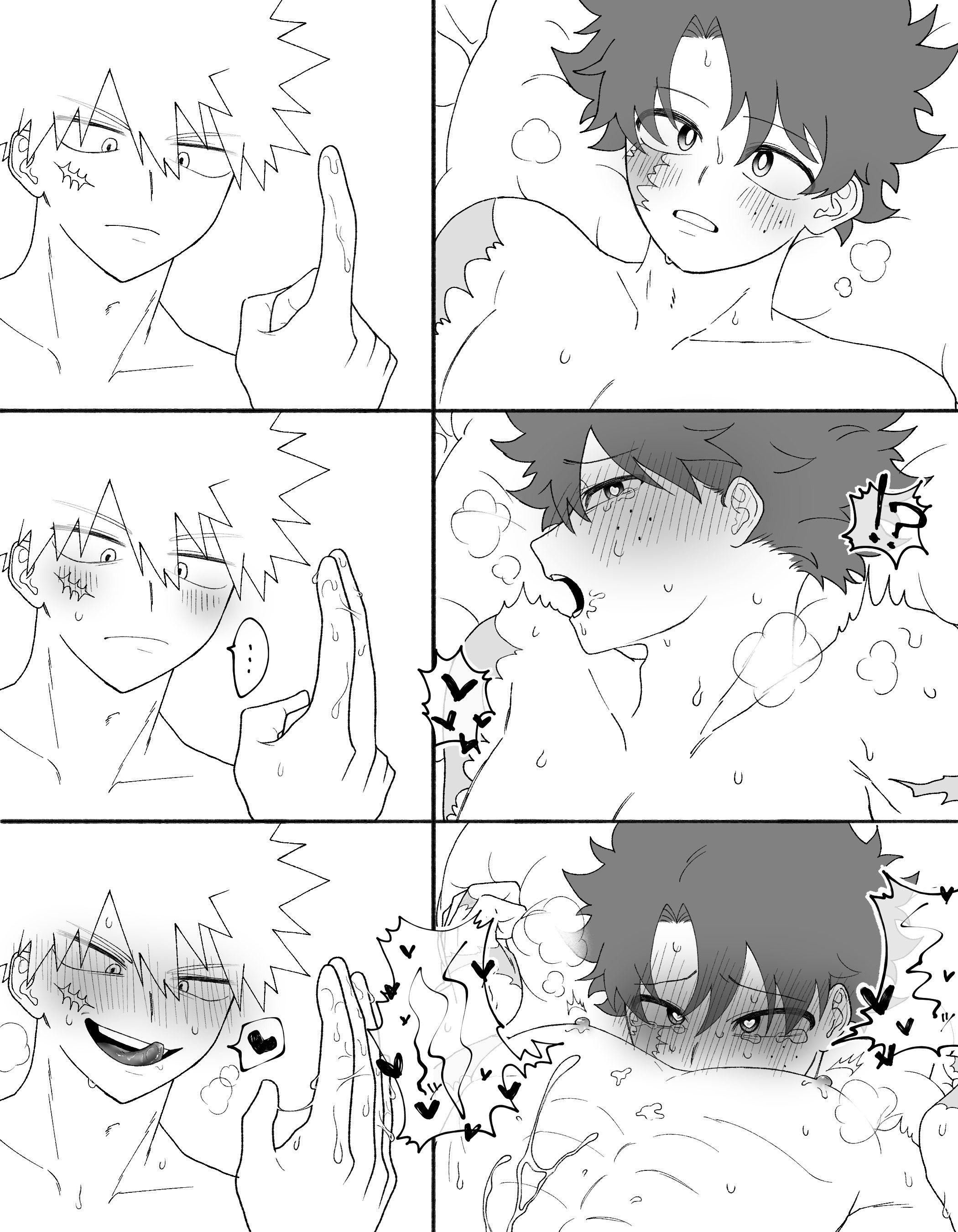 3koma, abs, amn17p, anal, anal fingering, bakugou katsuki, bed, blush, boku no hero academia, comic, completely nude, cum, fangs, fingering, fingeringpov, freckles, heart, heart-shaped pupils, izuku midoriya, katsuki bakugou, lying, male, messy hair, midoriya izuku, moaning, my hero academia, naked, nipples, nude, on bed, pectorals, pleasured male, scar, scar on face, sex, spiked hair, sweat, sweatdrop, symbol-shaped pupils, tears, tongue, tongue out, wet, yaoi