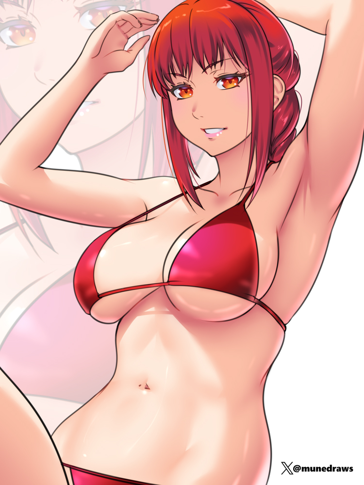 armpits arms_up bare_shoulders bikini chainsaw_man etchimune female grin looking_at_viewer makima_(chainsaw_man) medium_hair navel orange_eyes red_bikini red_hair sidelocks smile stomach swimsuit upper_body white_background zoom_layer