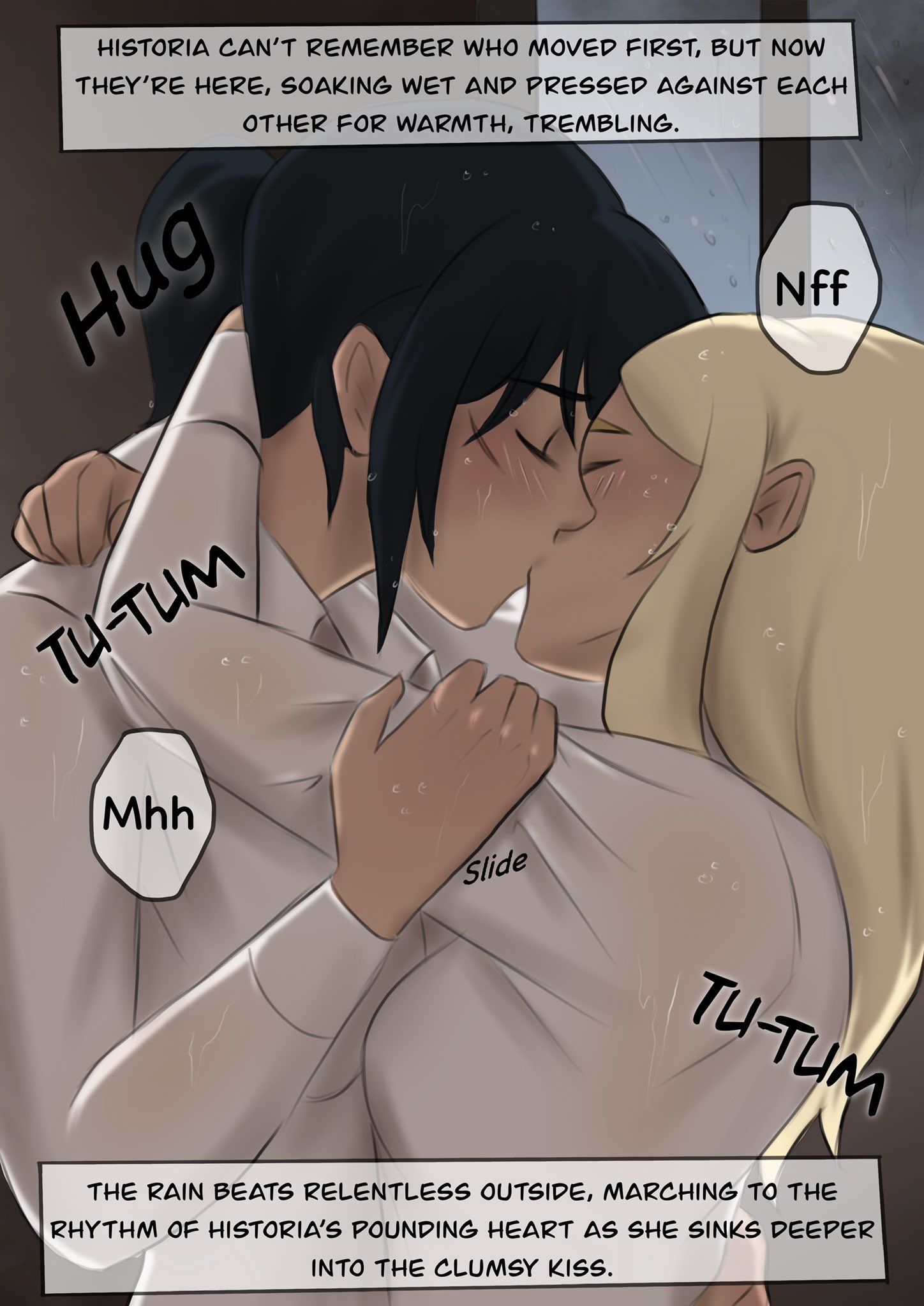 2girls, attack on titan, christa lenz, comic, comic page, female, female only, historia reiss, kissing, mikasa ackerman, narration, okonomiyaky, passionate, passionate kiss, rain, raining, romantic, romantic ambiance, shingeki no kyojin, wet, wet body, wet clothes, wet skin, yuri