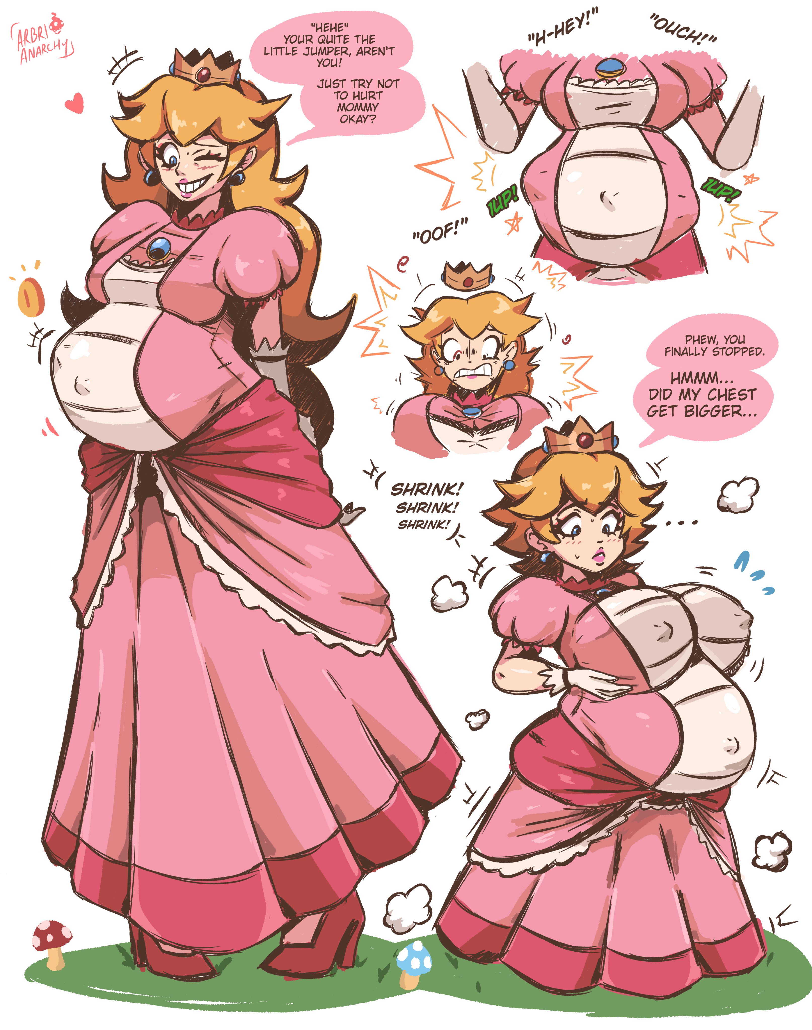 arbrianarchy, english text, female, fetal kick, fetal movement, mario (series), pregnant, pregnant female, princess peach, shortstack, shortstackification