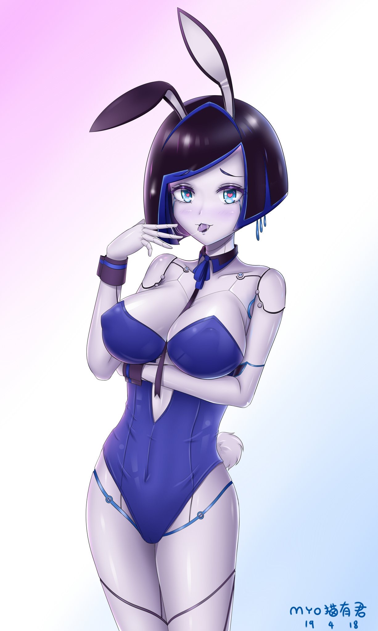 1girls, 2018, ahe gao, android, arm under breasts, armpits, belly, between breasts, big breasts, bimbo, black hair, blue eyes, blue hair, bob cut, breasts, bunny ears, bunny tail, bunnysuit, cameltoe, clothed, cutout, dated, demi (subverse), detached collar, fake ears, female, female only, gynoid, half-closed eyes, heart, heart-shaped pupils, midriff, myo (artist), navel, necktie between breasts, purple hair, purple skin, pussy, robot, robot girl, saliva, see-through, shiny skin, short hair, smile, solo, subverse, tail, text, thin waist, tongue, tongue out, watermark