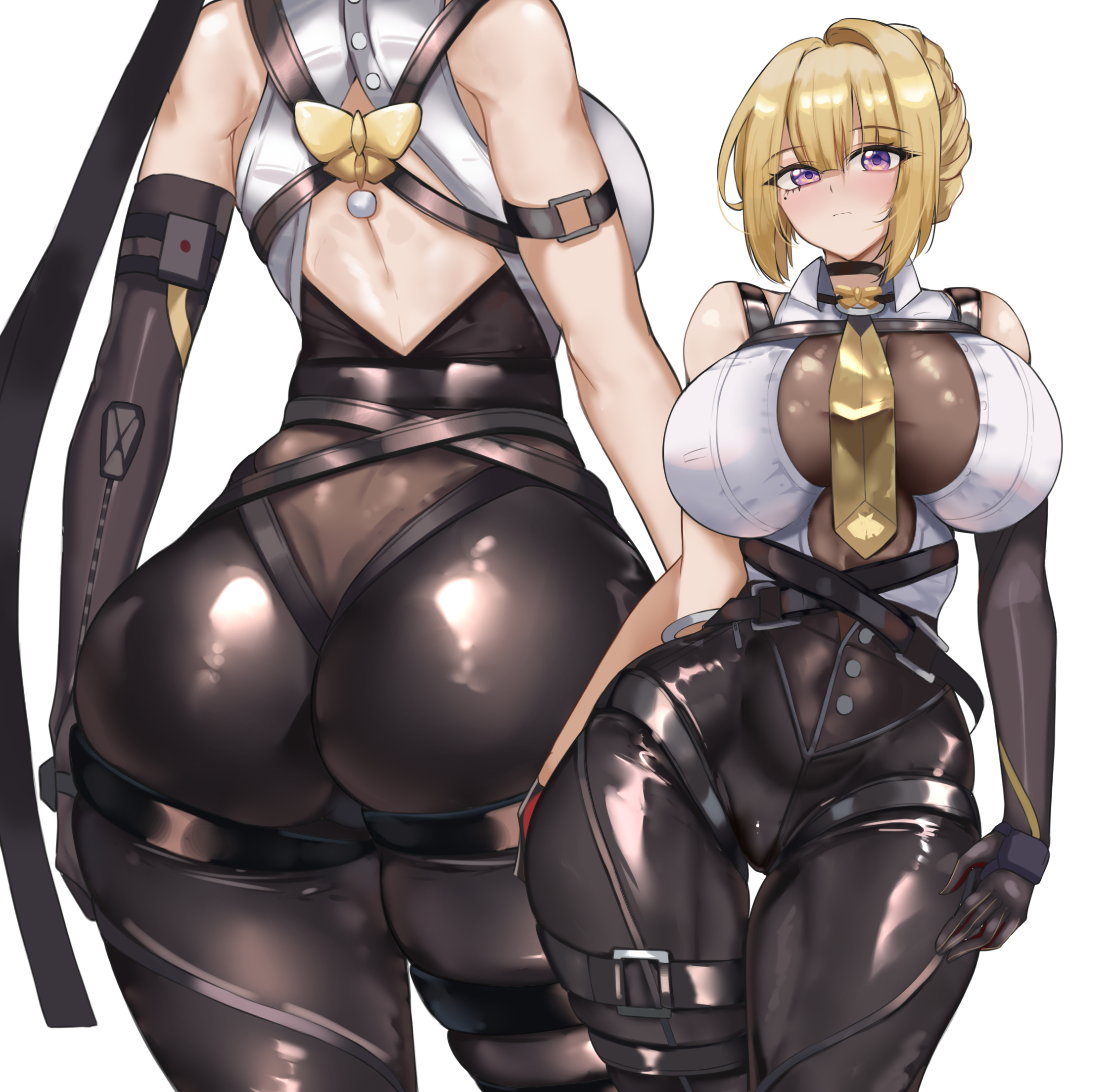 ass, black pants, blonde hair, breasts, chest harness, closed mouth, evelyn chevalier, female, harness, highres, large breasts, looking at viewer, mole, mole under eye, necktie, pants, purple eyes, purplecat (artist), short hair, solo, thigh strap, white background, yellow necktie, zenless zone zero