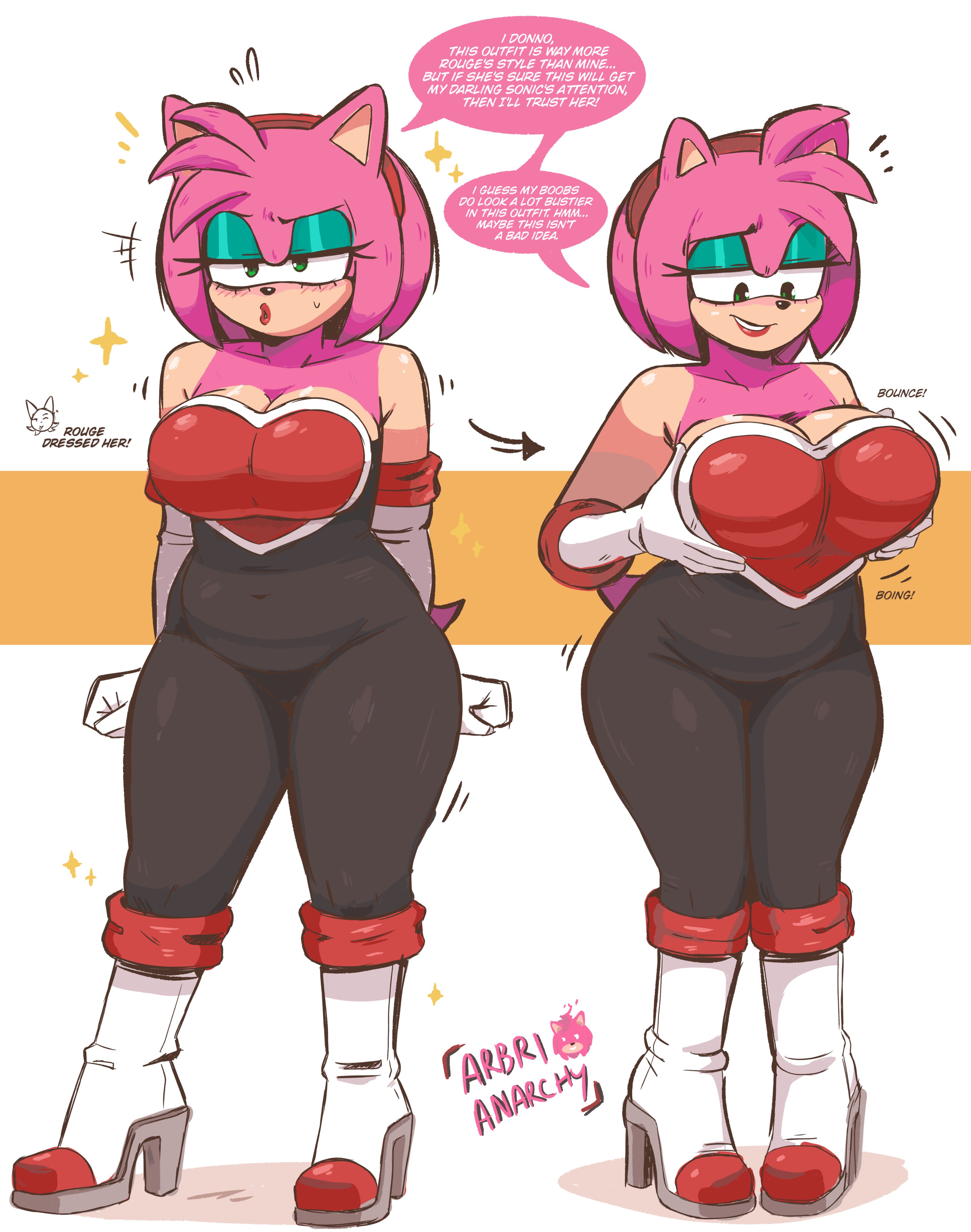 alternative version, amy rose, amy rouge, amy the bat, arbrianarchy, bodysuit, breasts, chubby, chubby female, english text, female, hand on breast, jpeg, lips, lipstick, red lips, red lipstick, rouge the bat (cosplay), sonic (series)