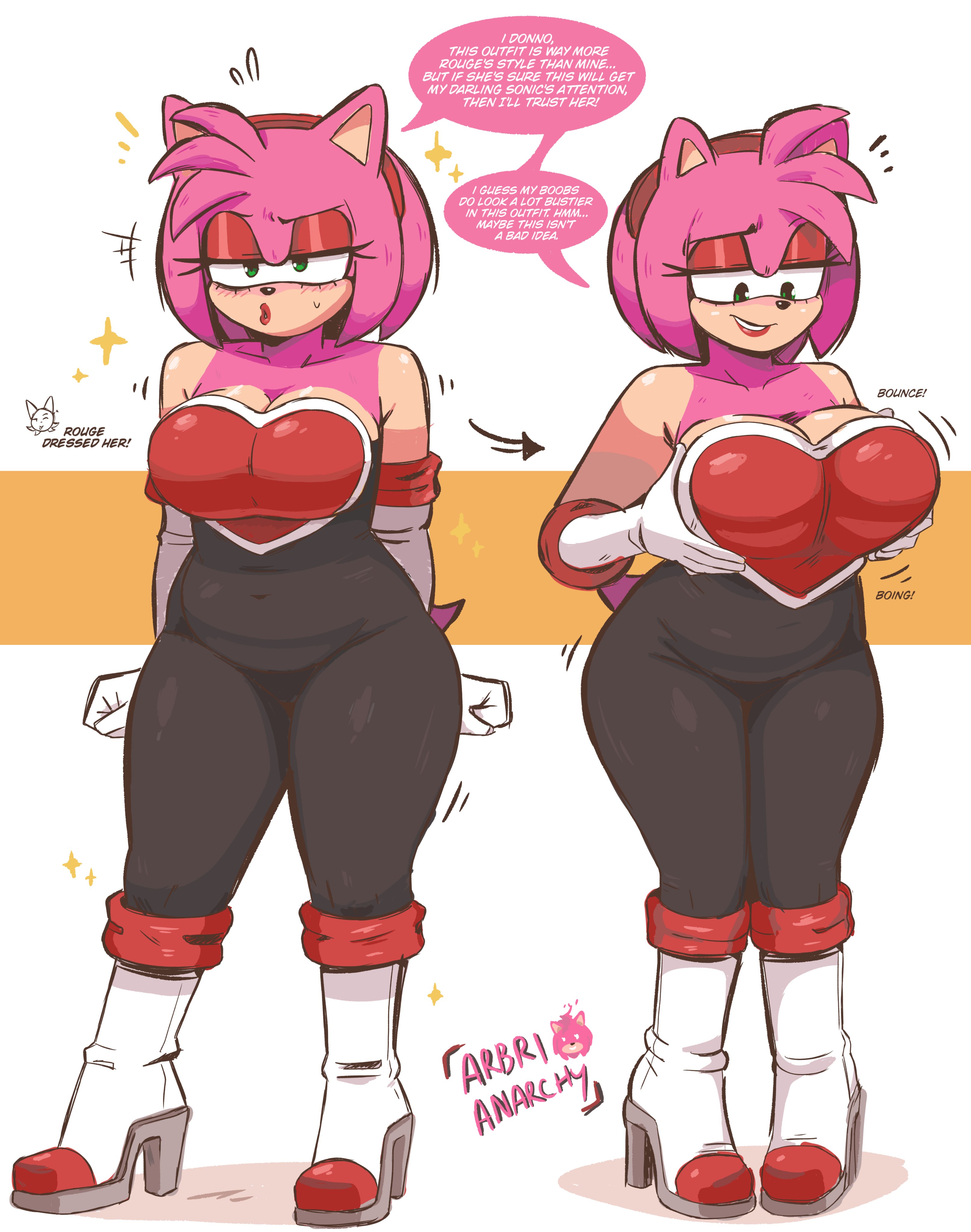 amy rose, amy rouge, amy the bat, arbrianarchy, bodysuit, breasts, chubby, chubby female, english text, female, hand on breast, jpeg, lips, lipstick, red lips, red lipstick, rouge the bat (cosplay), sonic (series)