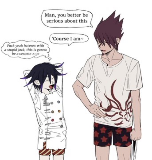 bossu, boxers, comic, danganronpa, danganronpa v3, dialogue, male, male only, miri (bossu osu), momota kaito, ouma kokichi, underwear