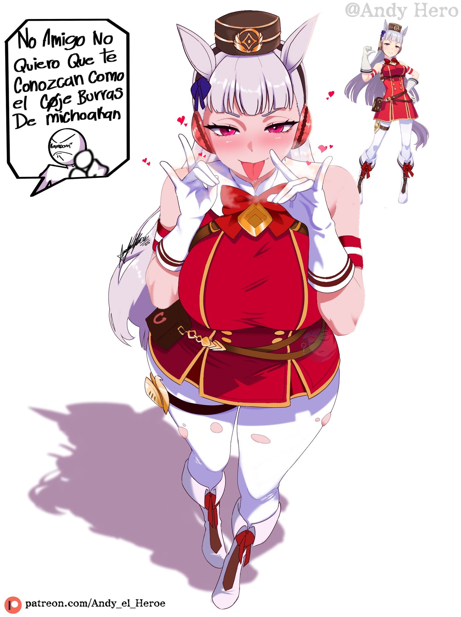 andy hero, animal ears, animal tail, big ass, big breasts, big butt, big thighs, big titties, breasts, clothing, curvaceous, curvaceous figure, curvy, curvy figure, curvy hips, female, female focus, female only, gold ship (umamusume), inviting to sex, long hair, spanish dialogue, spanish text, translated, umamusume, umamusume pretty derby, white hair