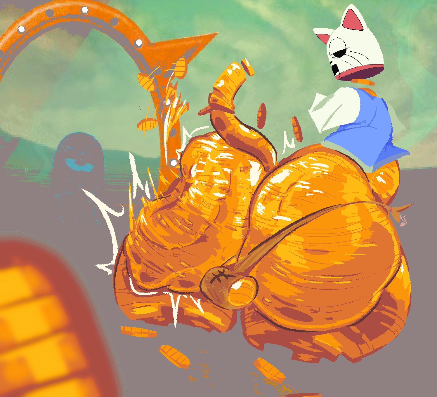 2025, animate inanimate, anthro, ass, balls, batpartycult, big ass, big butt, black eyes, black nose, blue clothing, blue shirt, blue topwear, bouncing ass, bouncing butt, brown clothing, brown panties, brown underwear, clothed, clothing, clothing aside, coin, collar, domestic cat, dream bbq, ena (series), felid, feline, felis, floating head, genitals, gold (metal), gold coin, half-closed eyes, hi res, huge ass, huge butt, huge thighs, kane (dream bbq), kane (ena), living coin, looking at viewer, looking back, male, mammal, narrowed eyes, open mouth, orange balls, orange body, orange perineum, panties, panties aside, pantsless, perineum, pink inner ear, red collar, shirt, smile, solo, thick thighs, topwear, underwear, underwear aside, white body, white clothing, white shirt, white topwear
