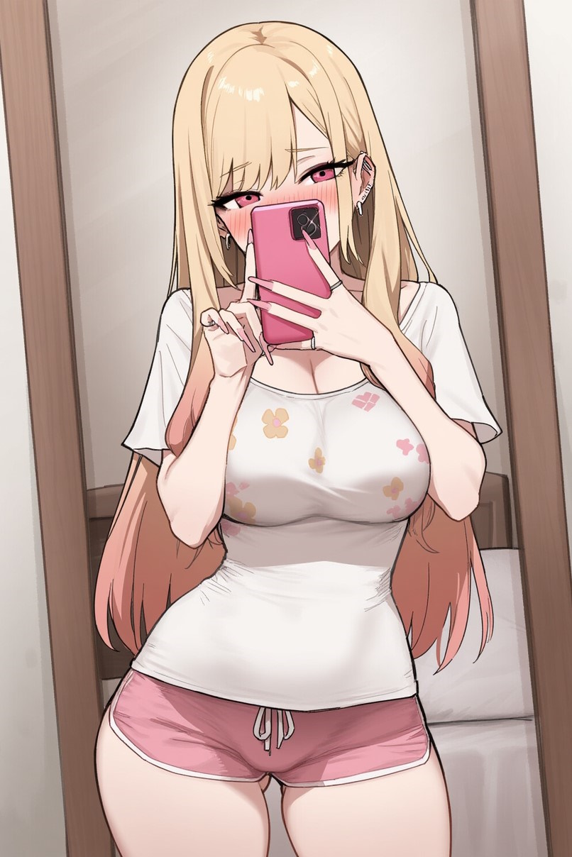 ai generated, bed, bedroom, big breasts, blonde hair, blush, breasts, cleavage, dolphin shorts, female, kitagawa marin, mirror, mirror selfie, pink shorts, selfie, shorts, shy, sono bisque doll wa koi wo suru, thick thighs, thighs, wide hips