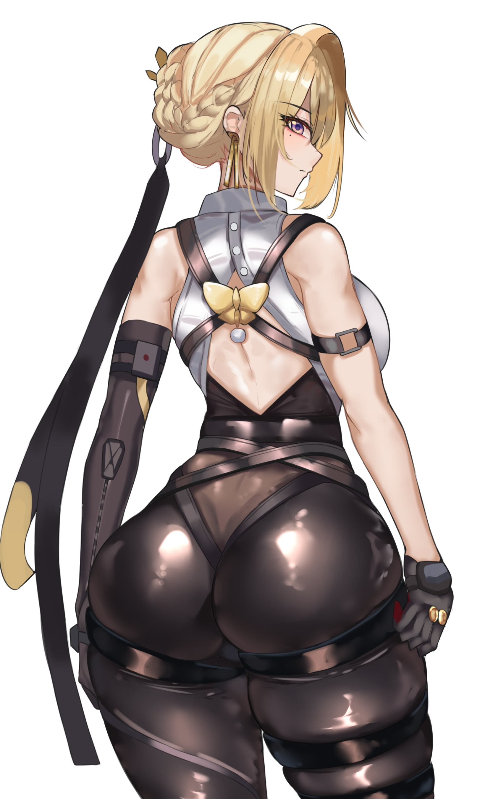 absurdres, ass, black gloves, black pants, blonde hair, breasts, chest harness, closed mouth, evelyn chevalier, female, gloves, harness, highres, large breasts, looking at viewer, necktie, pants, purple eyes, purplecat (artist), short hair, solo, thigh strap, yellow necktie, zenless zone zero