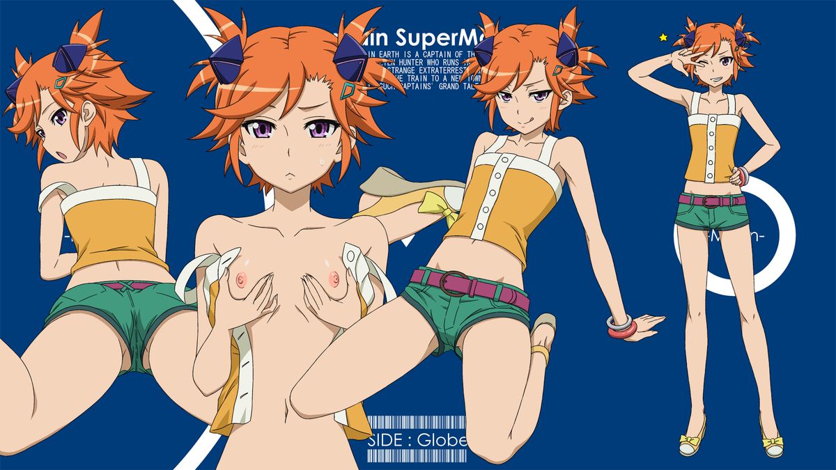 armpits arms_up barcode bare_shoulders belt blush breast_squeeze captain_earth clothing collarbones denim_shorts flat_chest hairpin midriff mound_of_venus naughty_face navel no_bra no_panties open_clothes open_shirt orange_hair shirt short_hair short_shorts short_twintails slip smile strap sukima_sangyou tank_top teasing v v_over_eye yomatsuri_akari