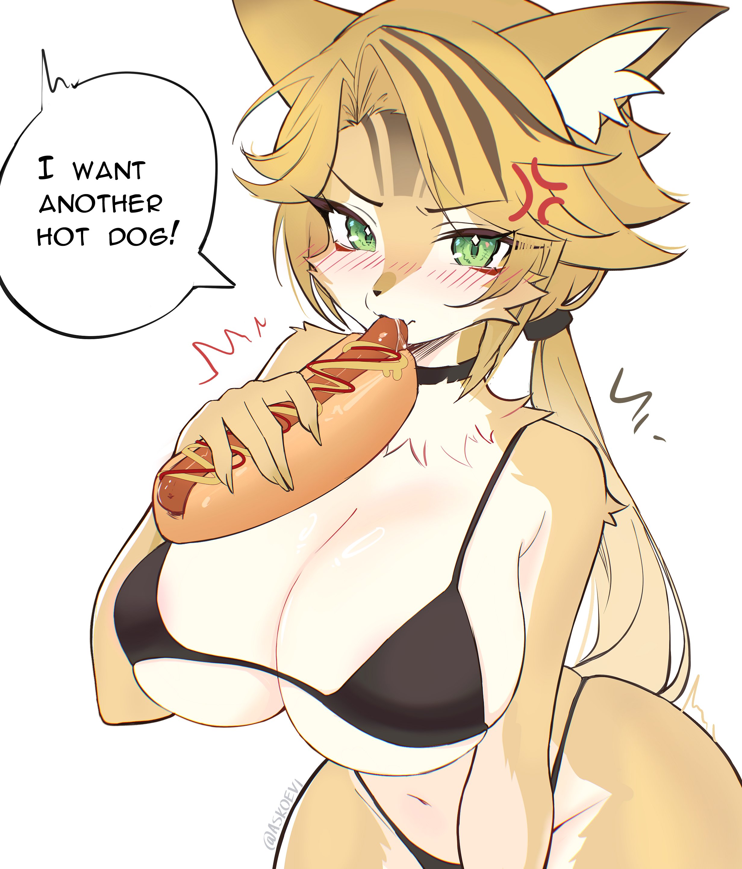 1girls, anthro, askoevi, ass, big ass, big breasts, big butt, bikini, blonde female, blonde hair, breasts, cat ears, cat girl, cat humanoid, catgirl, english text, female, fur, furry, furry female, green eyes, hotdog, hoyoverse, looking at viewer, mihoyo, pulchra (zenless zone zero), pulchra fellini, tail, text, text bubble, white background, yellow fur, yellow-haired female, zenless zone zero
